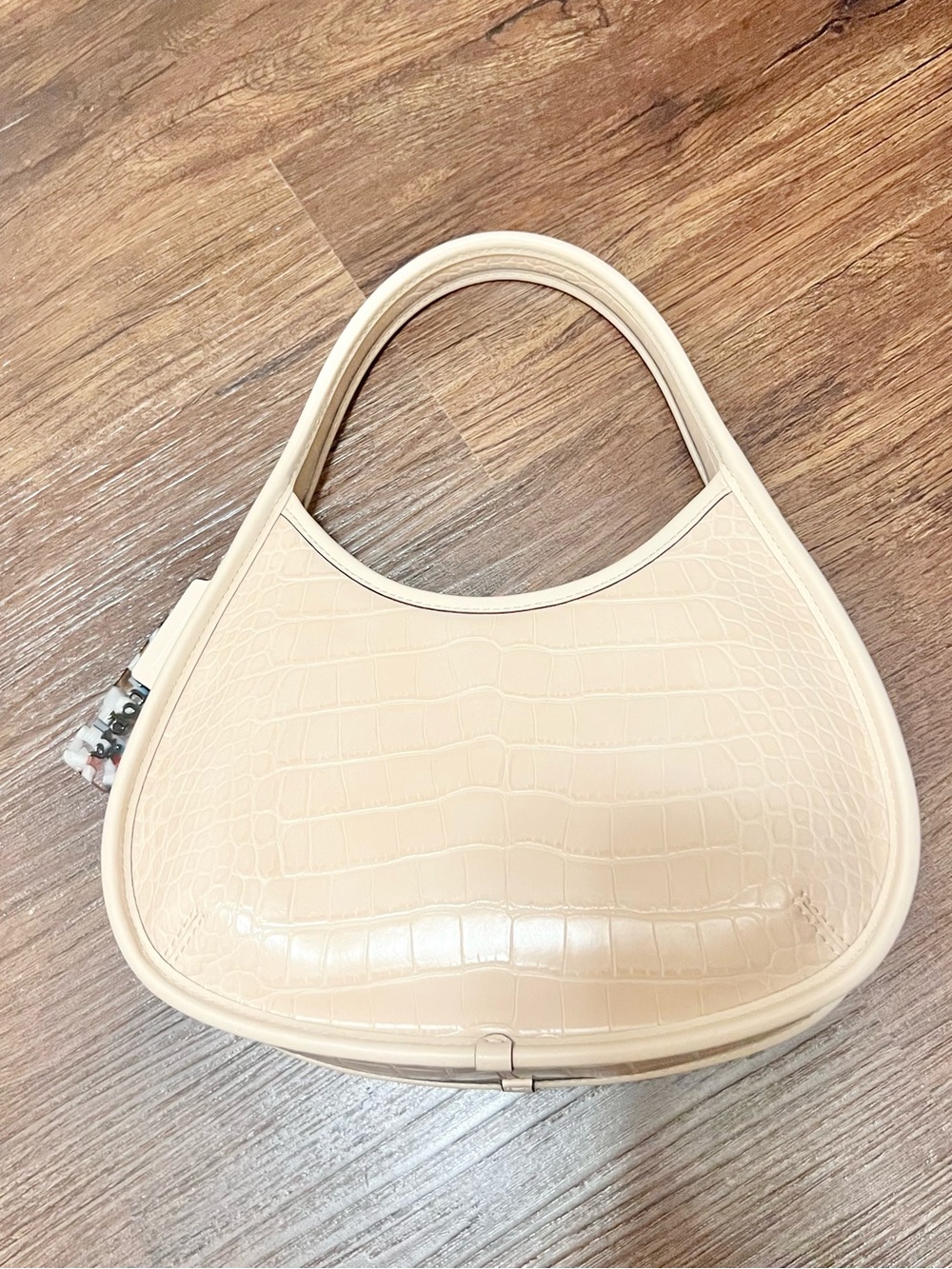 Croc-Embossed Cream Shoulder Bag with Curved Top Handle